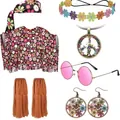 Women's hippie costume set including floral poncho, headband, sunglasses and necklace. - One Size / Set / Rainbow