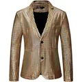 Detailopname van een glanzende goudgeblokte pailletten blazer voor heren podium kostuums - XS / Tops / Goud