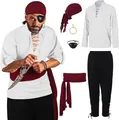 Detail view of men's pirate costume set including shirt, pants, bandana and accessories - S / Top And Bottom / White Top And Black Pants Costume Set