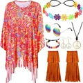 Full women's hippie costume set with paisley tie-dye poncho and colorful retro accessories - One Size / Set / Orange Red