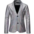 Detail van een zilveren pailletten blazer met ruitpatroon voor toneel. - XS / Tops / Zilver