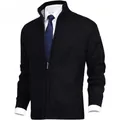 Classic men's black stand collar knit cardigan sweater with warm fleece lining and zipper - M / Tops / Black