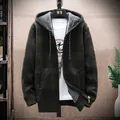 Stylish men's plaid hooded knit cardigan jacket in army green with warm fleece lining - M / Tops / Army Green