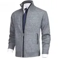 Classic men's thick fleece-lined knitted cardigan sweater with stand collar in grey - M / Tops / Light Gray