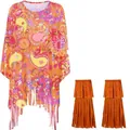 Set costume hippie da donna con poncho tie-dye con frange e scaldamuscoli marroni. - Taglia unica / Set / Giallo