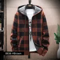Men's stylish brown checkered hooded cardigan sweater jacket with warm fleece lining - Brown