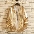 Front view of shiny gold metallic performance jacket for men featuring a zipper closure - M / Gold