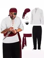 Complete men's pirate costume with renaissance Viking shirt, pants, and accessories set - S / White Top + Black Pants + Burgundy Headscarf Set + Earrings + Eyepatch