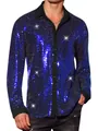 Detailweergave van een blauw glitterhemd voor heren met een zwarte contrasterende kraag - Blauw