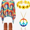 Complete women's hippie costume set featuring a vibrant tie-dye poncho and floral accessories - One Size / Set / Rainbow