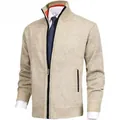 Premium men's thick beige knit cardigan sweater with a stand collar and full zipper - Beige