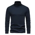 Detail view of a men's classic black turtleneck sweater with a slim-fit design. - L / Tops / Navy Blue