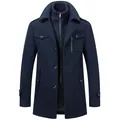 Men's navy blue business wool coat with double collar and zipper detail for winter - M / Tops / Navy Blue
