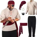 Complete men's medieval pirate costume set including viking shirt pants and accessories - S / Top And Bottom / Cream Top And Black Pants Costume Set
