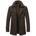 Elegante cappotto di lana marrone scuro da uomo con un elegante design a doppio collo - Taglia M / Top / Caffè