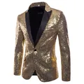 Vooraanzicht detail van een gouden pailletten blazer voor heren met zwarte revers - S / Top (XZ28) / Goud
