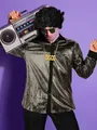 Detailed view of men's shiny 70s disco sequin shirt and themed accessory set for parties - S / Top And Bottom