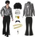 Complete 70s disco costume set for men with shiny shirt, flared pants, wig and accessories - M / Top And Bottom / Gray