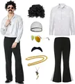 Complete 70s disco costume set for men including shirt, flared pants, and accessories - M / Top And Bottom / White