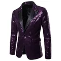 Gedetailleerd beeld van de paarse blazer met pailletten en zwarte satijnen revers voor heren - S / Top (XZ28) / Paars