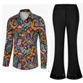 Men's 70s disco costume 2-piece set with paisley shirt and black flare pants - S / Top And Bottom / Yellow Print Top + Black Sequin Pants