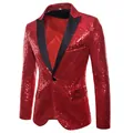 Gedetailleerd overzicht van de rode herenblazer met pailletten en zwarte revers. - S / Top (XZ28) / Rood