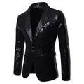 Detailweergave van een zwarte herenblazer met lovertjes en satijnen revers voor shows - S / Top (XZ28) / Zwart