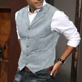 Slim fit light gray herringbone wool waistcoat for men with notched lapel design - Silver Gray