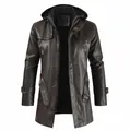 Premium men's mid-length hooded PU leather jacket trench coat in dark brown finish - M / Tops / Coffee