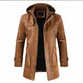 Stylish men's mid-length hooded PU leather trench coat jacket in tan with warm fleece lining - M / Tops / Khaki