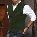 Men's vintage green herringbone wool waistcoat for a slim-fit business casual look - Army Green