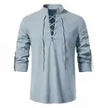 Casual men's light blue cotton linen Henley shirt with long sleeves and lace-up stand collar - S / Tops / Light Blue