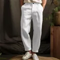 Full-length view of men's breathable white linen straight-leg casual trousers - S / Bottoms / White