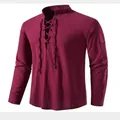 Men's casual burgundy linen-cotton Henley shirt with long sleeves and stand collar - Burgundy