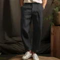 Detail showing the straight-leg fit and linen texture of dark grey men's trousers - S / Bottoms / Black