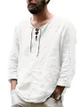 Detail van wit katoen linnen shirt met lange mouwen voor heren en vetersluiting - S / Tops / Wit