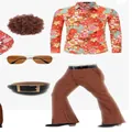 Detailed view of 70s disco costume set including floral shirt, bell bottoms, and afro wig - S / Set / As Shown