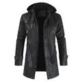 Men's mid-length black PU leather hooded jacket with zip pockets and belt detail - M / Tops / Black