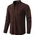 Casual brown cotton linen Henley shirt with a lace-up neckline and long sleeves for men - Coffee