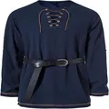 Close-up of navy blue linen lace-up Henley shirt for men featuring a black leather belt - S / Tops / Navy Blue