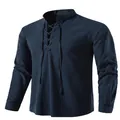 Men's navy blue cotton linen Henley shirt featuring long sleeves and lace-up front design - Navy Blue