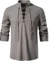 Gray long sleeve cotton linen Henley shirt for men with lace-up stand collar - Gray