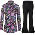 Men's 70s disco outfit featuring a psychedelic floral shirt and black sequin flare pants - S / Top And Bottom / Purple Floral (Purple Top + Sequin Flare Pants)