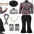 Complete 70s disco costume kit for men including floral shirt and black flared pants - S / Set / 8-piece Set / Purple Floral