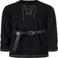 Close-up of a black medieval-style Henley tunic with tan lace-up neck and belt detail. - S / Tops / Black