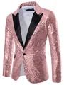 Stijlvolle roze gouden herenblazer met pailletten en zwarte revers voor podiumoptredens - Roze