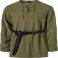Detailed macro view of olive green lace-up Henley shirt with vintage belt accessory - S / Tops / Army Green