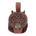 Mittelalterliche Gürteltasche aus Leder mit Keltenknoten-Design und Bronzemedaillon - Patchwork-Beutel mit Nordischem Symbol (Beutel 7) / Hellbraun