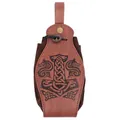 Vintage braune Leder-Gürteltasche mit Wikinger-Mjölnir und Wolf-Gravur, bayerisches Accessoire - Thor-Hammer-Muster Beutel (Beutel 9) / Braun