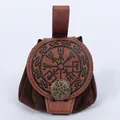 Braune Leder Wikinger Münztasche mit geprägtem Vegvisir Kompass für Kostüme - Wikinger Kompass Leder Tunnelzug Hüfttasche / Braun